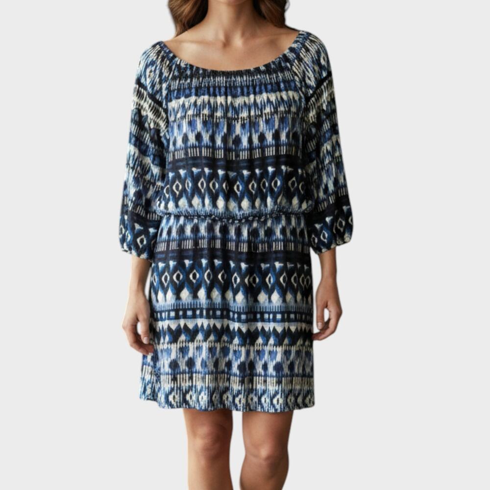 AB Studio Womens Print Peasant Blouson Dress Large L Blue White Black